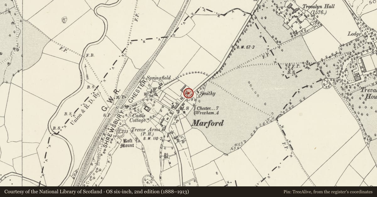 Ordnance Survey six-inch map, 2nd edition (1888–1913) covering the location of Springfield Cottage, Gresford, Wrexham, with a pin at the register's coordinates