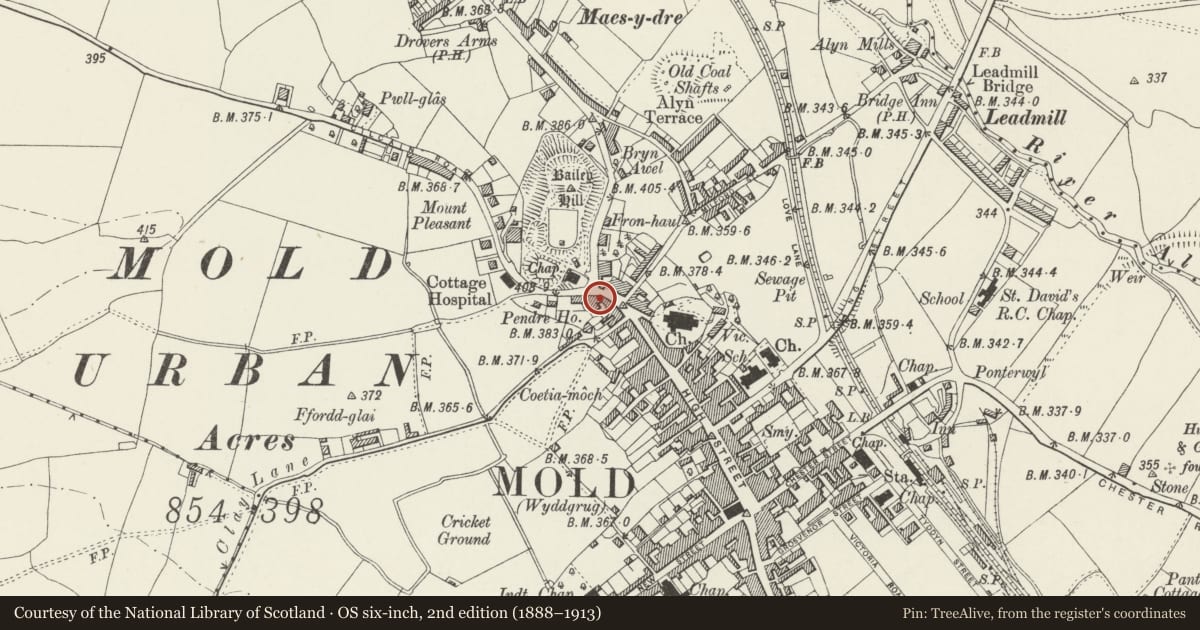 Ordnance Survey six-inch map, 2nd edition (1888–1913) covering the location of 106 High Street, Mold, Flintshire, with a pin at the register's coordinates