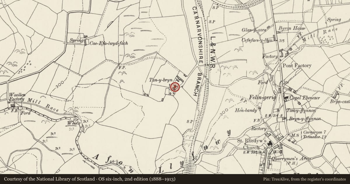 Ordnance Survey six-inch map, 2nd edition (1888–1913) covering the location of Tan-y-Bryn, Llanllyfni, Gwynedd, with a pin at the register's coordinates