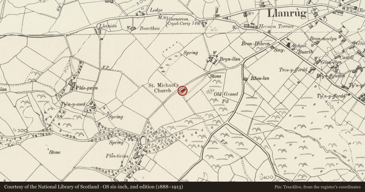 Ordnance Survey six-inch map, 2nd edition (1888–1913) covering the location of Church of St Michael, Llanrug, Gwynedd, with a pin at the register's coordinates
