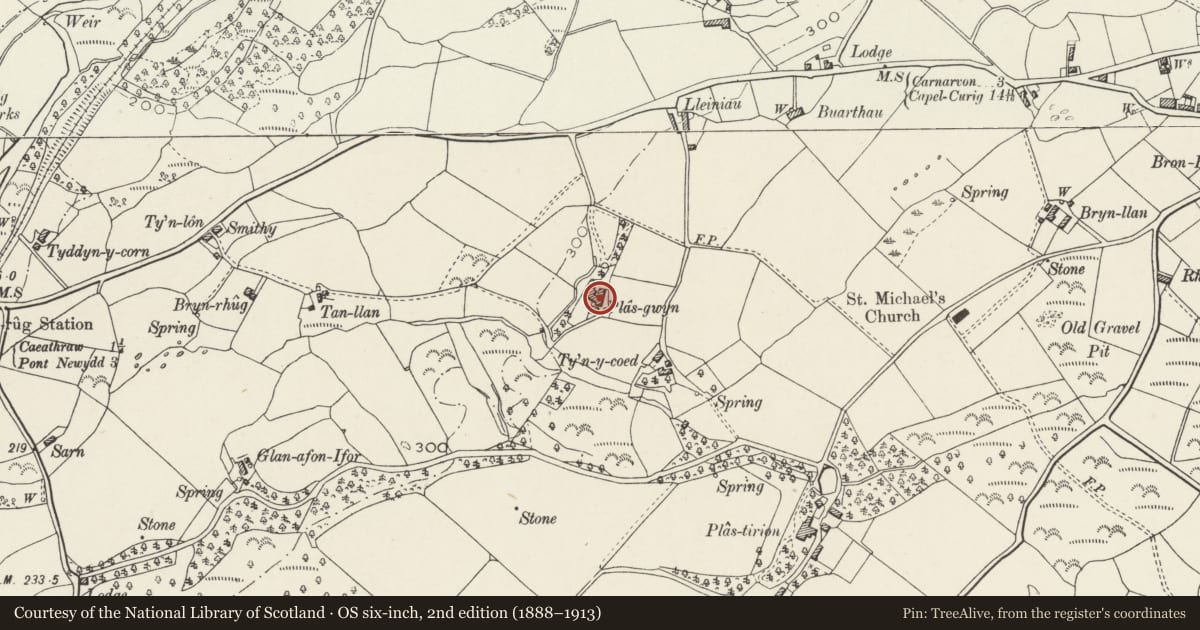 Ordnance Survey six-inch map, 2nd edition (1888–1913) covering the location of Plas Gwyn, Llanrug, Gwynedd, with a pin at the register's coordinates
