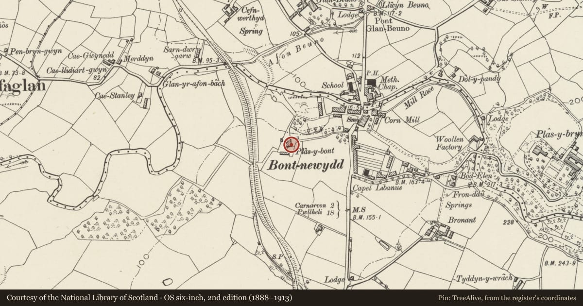 Ordnance Survey six-inch map, 2nd edition (1888–1913) covering the location of Plas-y-bont, Bontnewydd, Gwynedd, with a pin at the register's coordinates