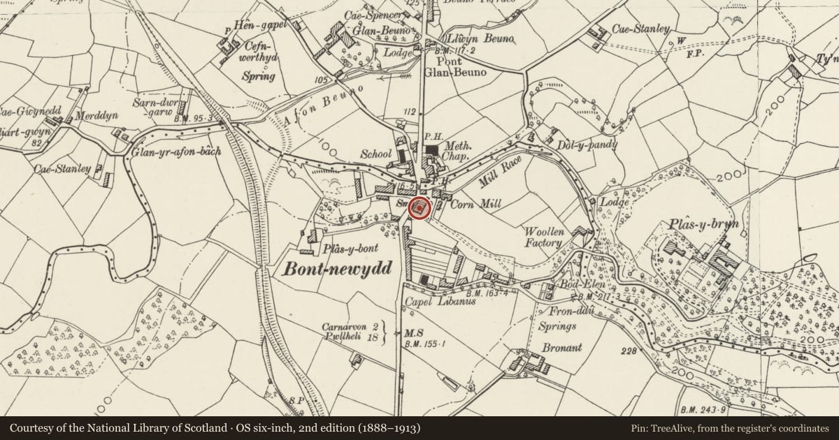 Ordnance Survey six-inch map, 2nd edition (1888–1913) covering the location of Arosfa, Bontnewydd, Gwynedd, with a pin at the register's coordinates