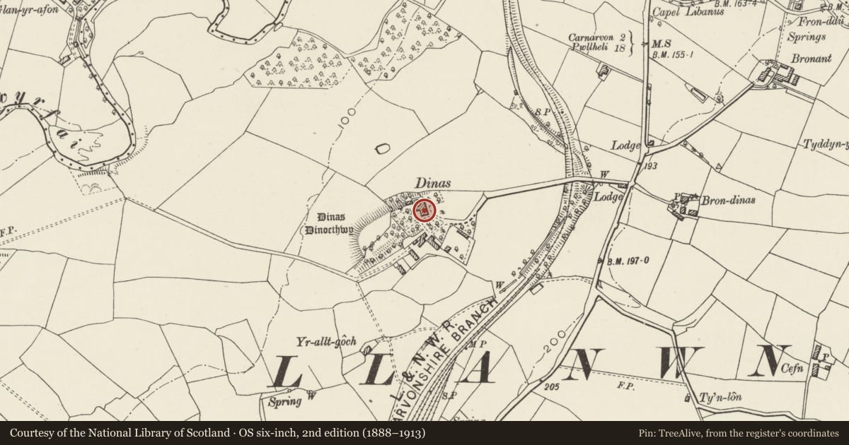 Ordnance Survey six-inch map, 2nd edition (1888–1913) covering the location of Plas Dinas, Bontnewydd, Gwynedd, with a pin at the register's coordinates