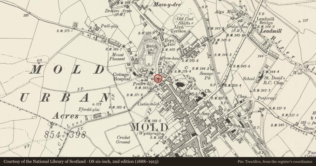Ordnance Survey six-inch map, 2nd edition (1888–1913) covering the location of 108 High Street, Mold, Flintshire, with a pin at the register's coordinates