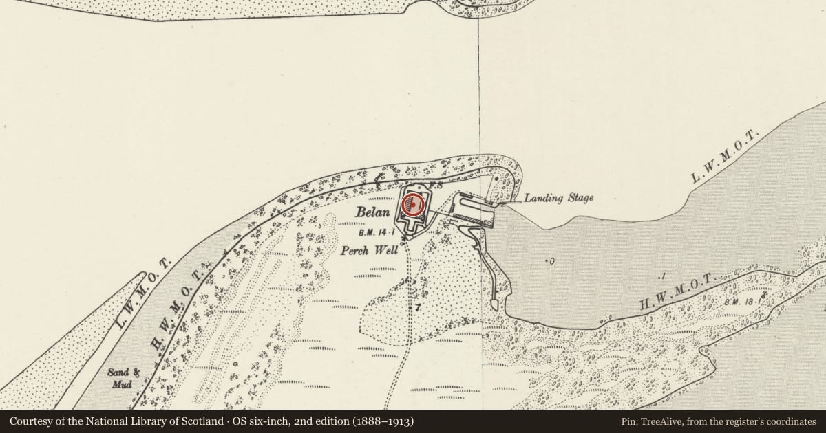 Ordnance Survey six-inch map, 2nd edition (1888–1913) covering the location of Fort Belan, Llandwrog, Gwynedd, with a pin at the register's coordinates