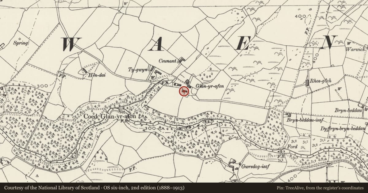 Ordnance Survey six-inch map, 2nd edition (1888–1913) covering the location of Barn/Cowhouse at Plas Glan-yr-Afon, Waunfawr, Gwynedd, with a pin at the register's coordinates