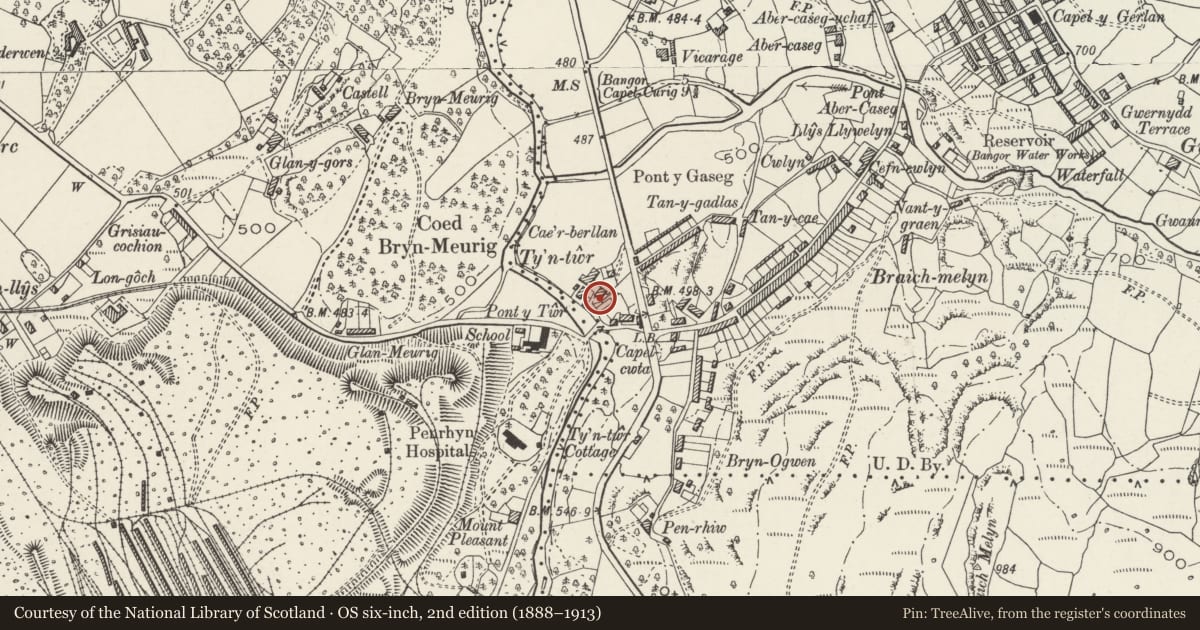 Ordnance Survey six-inch map, 2nd edition (1888–1913) covering the location of Ty John Iorc, Bethesda, Gwynedd, with a pin at the register's coordinates