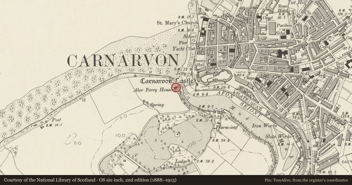 Ordnance Survey six-inch map, 2nd edition (1888–1913) covering the location of Aber Ferry House, Caernarfon, Gwynedd, with a pin at the register's coordinates