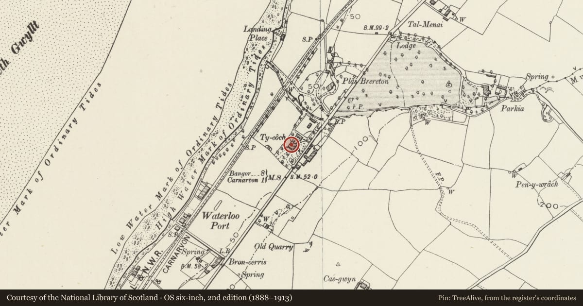 Ordnance Survey six-inch map, 2nd edition (1888–1913) covering the location of Plas Ty Coch, Caernarfon, Gwynedd, with a pin at the register's coordinates