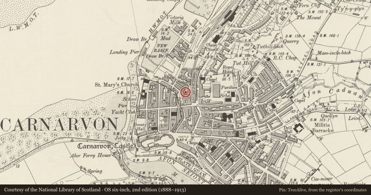 Ordnance Survey six-inch map, 2nd edition (1888–1913) covering the location of 10-12 Bank Quay, Caernarfon, Gwynedd, with a pin at the register's coordinates