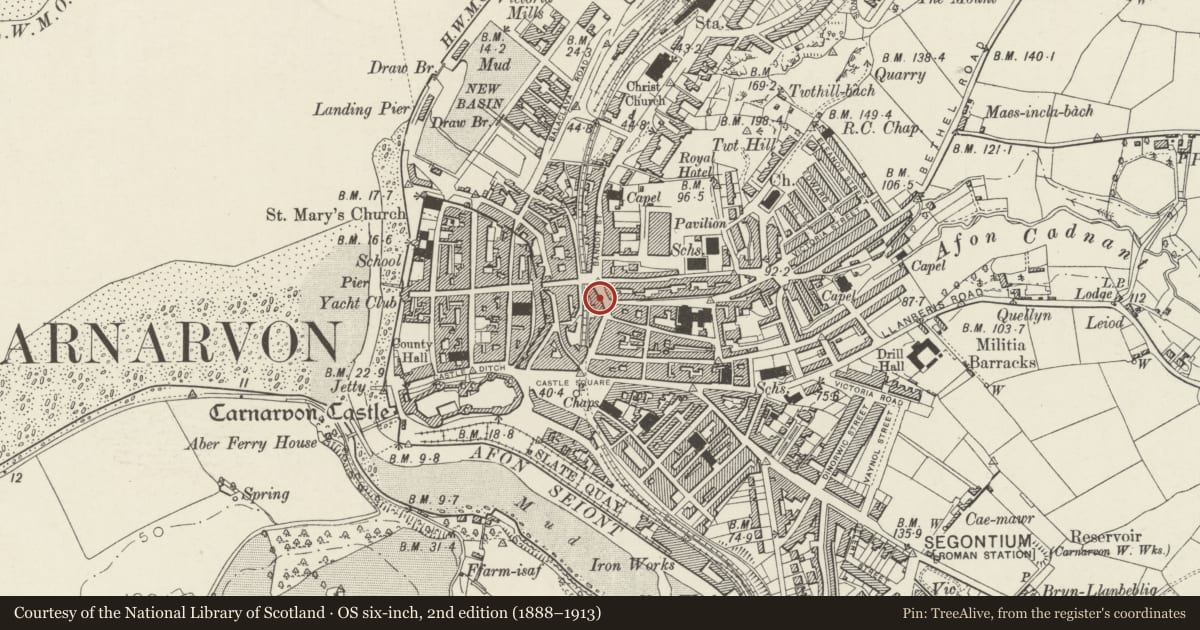 Ordnance Survey six-inch map, 2nd edition (1888–1913) covering the location of 37 Bridge Street, Caernarfon, Gwynedd, with a pin at the register's coordinates