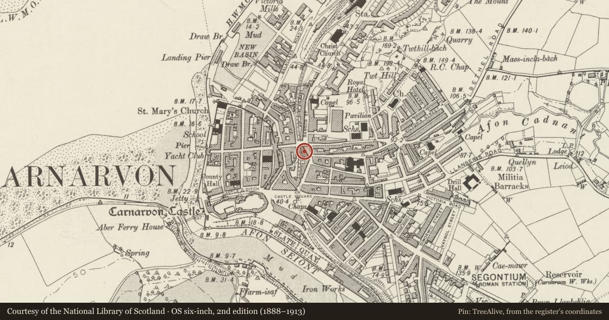 Ordnance Survey six-inch map, 2nd edition (1888–1913) covering the location of 41 Bridge Street, Caernarfon, Gwynedd, with a pin at the register's coordinates