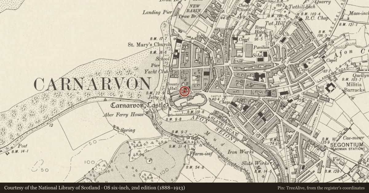 Ordnance Survey six-inch map, 2nd edition (1888–1913) covering the location of 2 Castle Ditch, Caernarfon, Gwynedd, with a pin at the register's coordinates