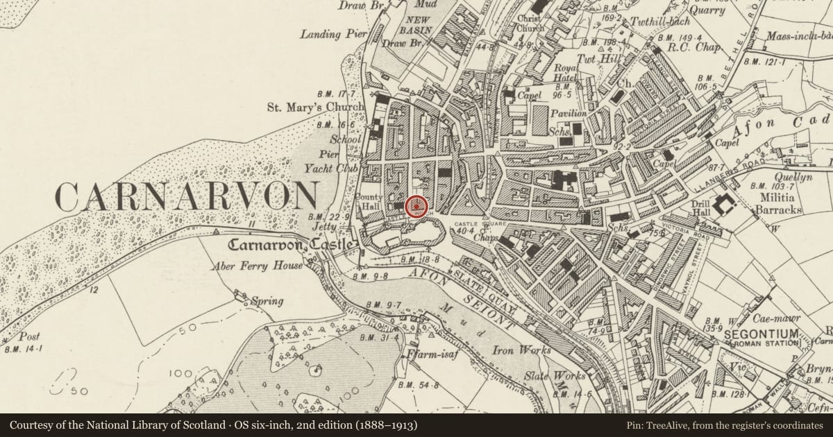 Ordnance Survey six-inch map, 2nd edition (1888–1913) covering the location of Craft Cymru, including 17 Castle Street, Caernarfon, Gwynedd, with a pin at the register's coordinates