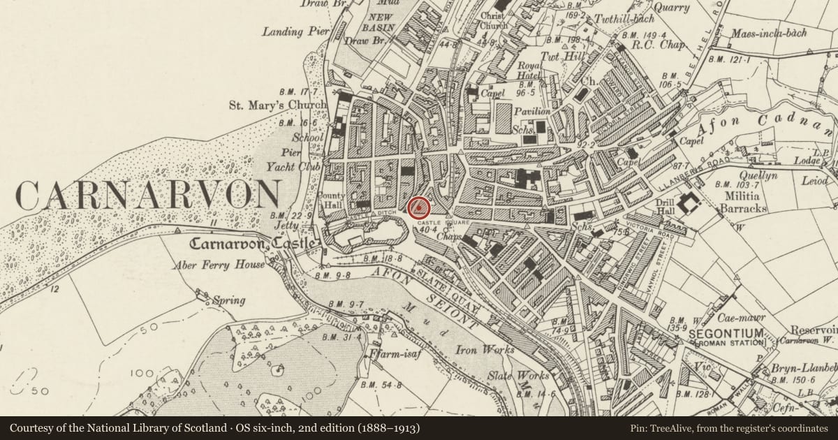Ordnance Survey six-inch map, 2nd edition (1888–1913) covering the location of Melin Brynkir Woollen Mill, Caernarfon, Gwynedd, with a pin at the register's coordinates