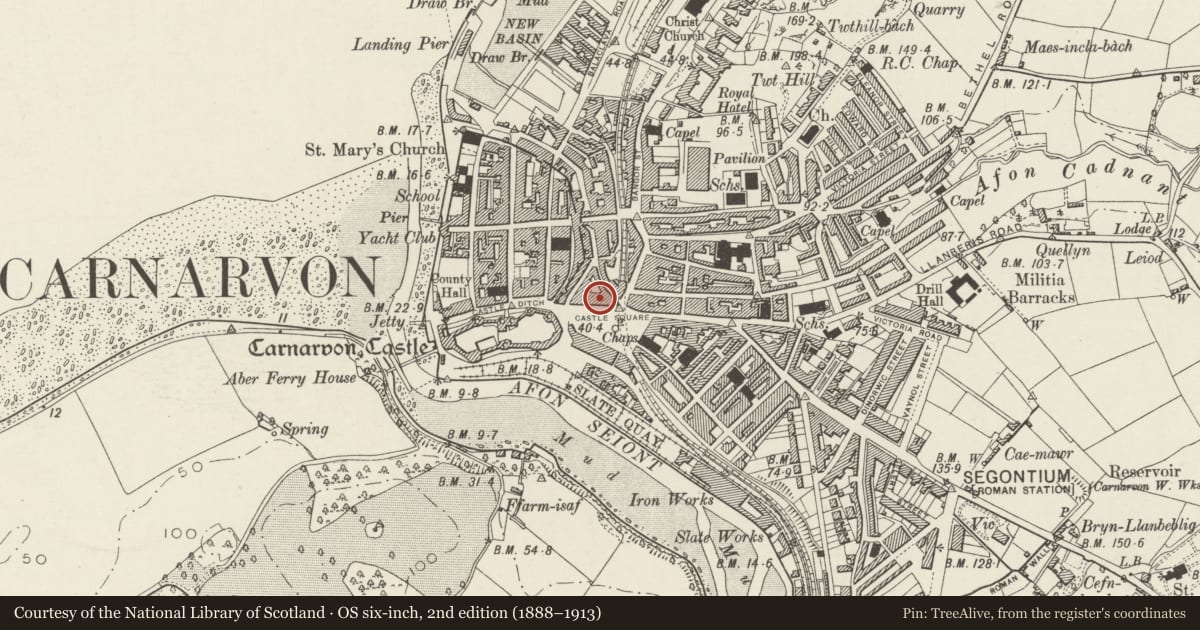 Ordnance Survey six-inch map, 2nd edition (1888–1913) covering the location of The Morgan Lloyd Public House, Caernarfon, Gwynedd, with a pin at the register's coordinates