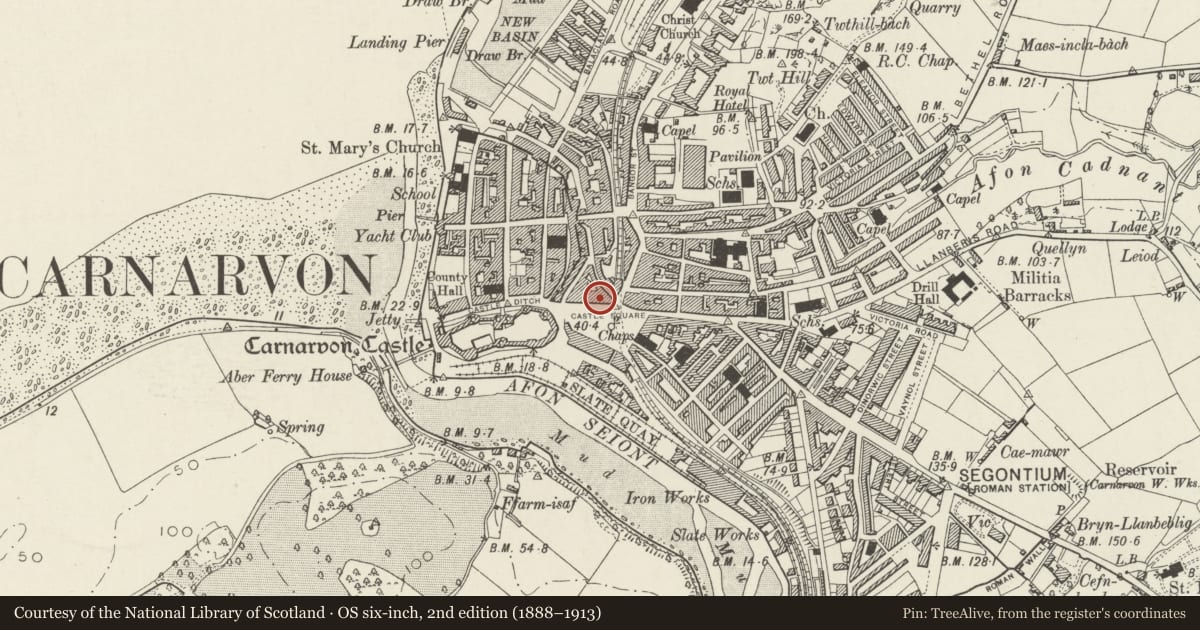 Ordnance Survey six-inch map, 2nd edition (1888–1913) covering the location of Macsen Restaurant, Caernarfon, Gwynedd, with a pin at the register's coordinates