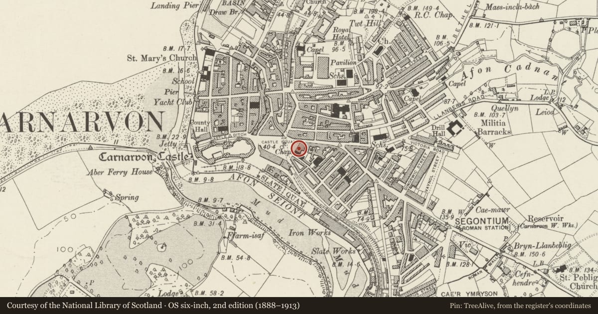 Ordnance Survey six-inch map, 2nd edition (1888–1913) covering the location of HSBC Bank, including forecourt balustrade, Caernarfon, Gwynedd, with a pin at the register's coordinates