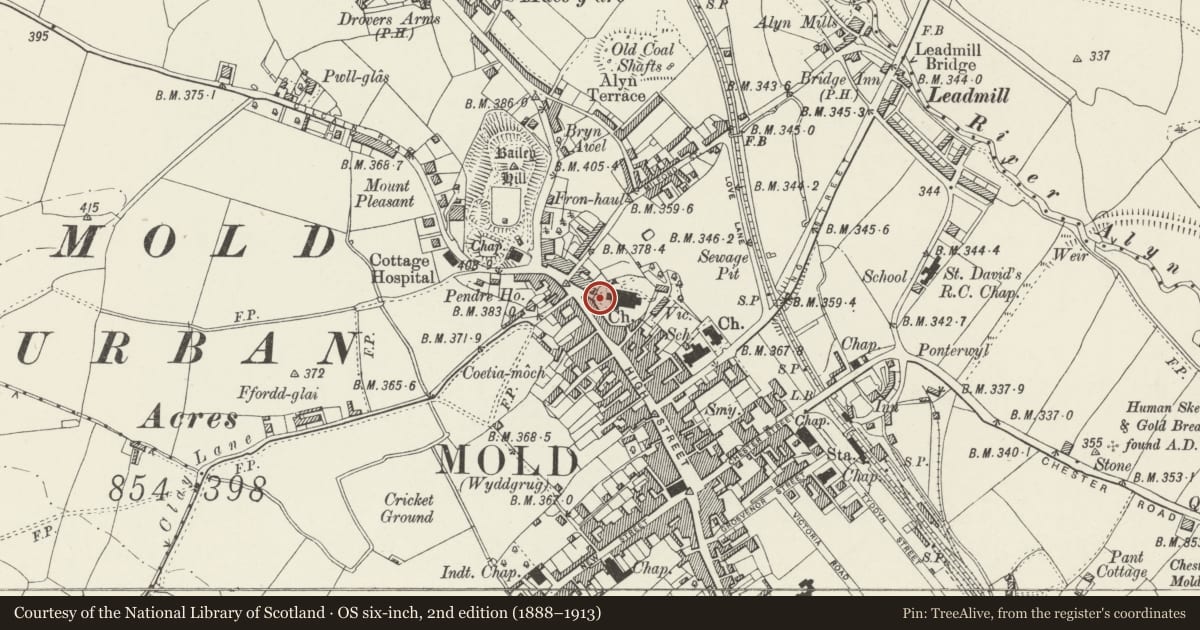 Ordnance Survey six-inch map, 2nd edition (1888–1913) covering the location of Churchyard of St. Mary's Parish Church, Mold, Flintshire, with a pin at the register's coordinates