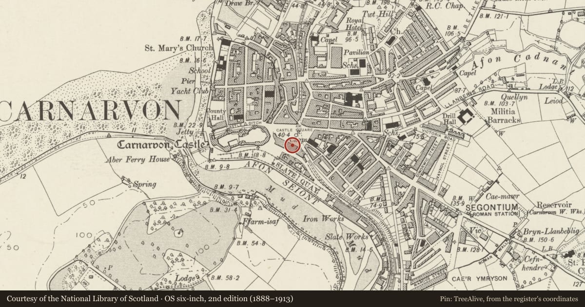 Ordnance Survey six-inch map, 2nd edition (1888–1913) covering the location of 32 Castle Square, including railings & gate, Caernarfon, Gwynedd, with a pin at the register's coordinates