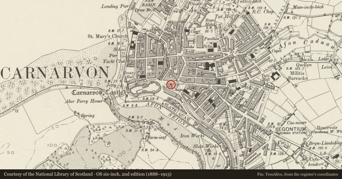 Ordnance Survey six-inch map, 2nd edition (1888–1913) covering the location of Statue of Sir Hugh Owen, Caernarfon, Gwynedd, with a pin at the register's coordinates