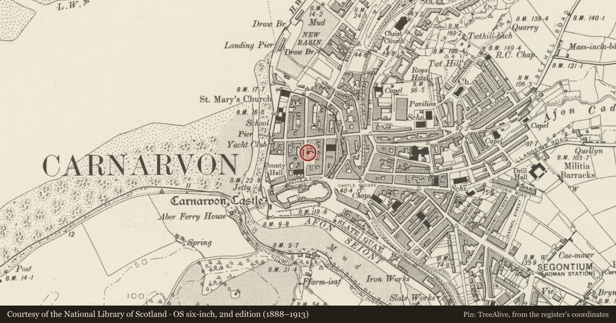 Ordnance Survey six-inch map, 2nd edition (1888–1913) covering the location of Boundary wall in front of 5 Castle Street, Caernarfon, Gwynedd, with a pin at the register's coordinates
