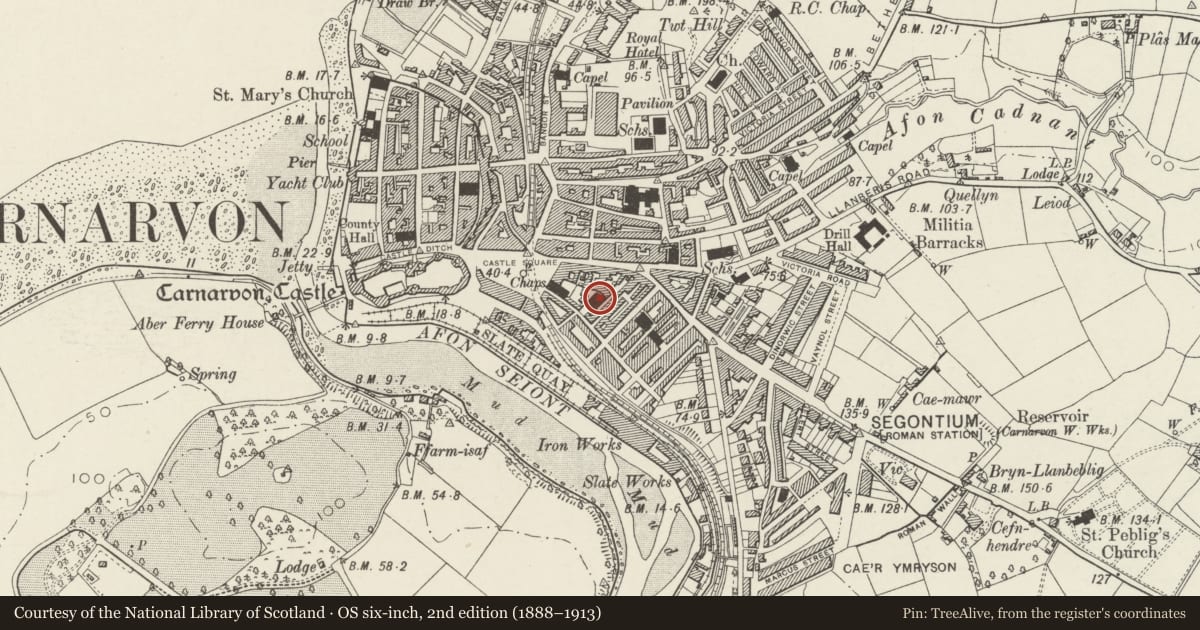 Ordnance Survey six-inch map, 2nd edition (1888–1913) covering the location of Ebenezer Methodist Church, Caernarfon, Gwynedd, with a pin at the register's coordinates