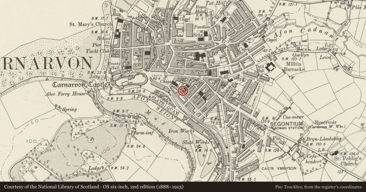 Ordnance Survey six-inch map, 2nd edition (1888–1913) covering the location of Gates, gate piers and railings to forecourt of Ebenezer Methodist Church, Caernarfon, Gwynedd, with a pin at the register's coordinates