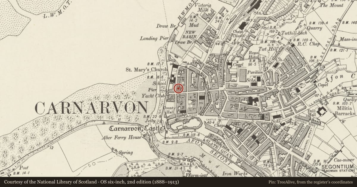 Ordnance Survey six-inch map, 2nd edition (1888–1913) covering the location of 2 Church Street, Caernarfon, Gwynedd, with a pin at the register's coordinates