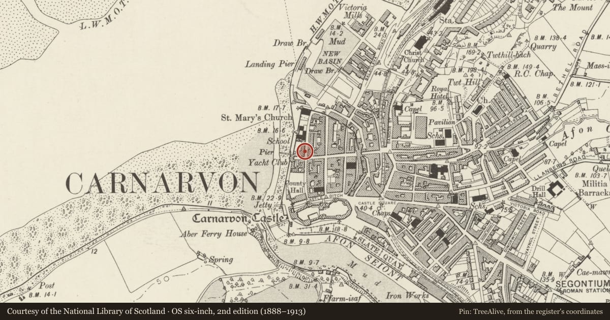 Ordnance Survey six-inch map, 2nd edition (1888–1913) covering the location of Cilgwyn, Caernarfon, Gwynedd, with a pin at the register's coordinates