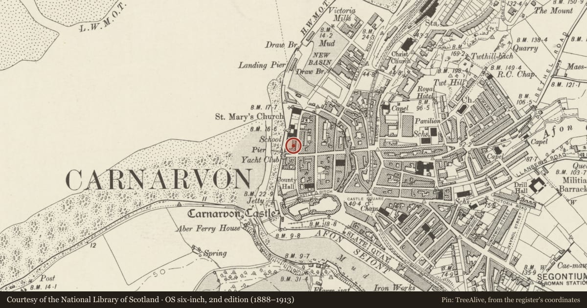 Ordnance Survey six-inch map, 2nd edition (1888–1913) covering the location of Yr Aelwyd, Caernarfon, Gwynedd, with a pin at the register's coordinates