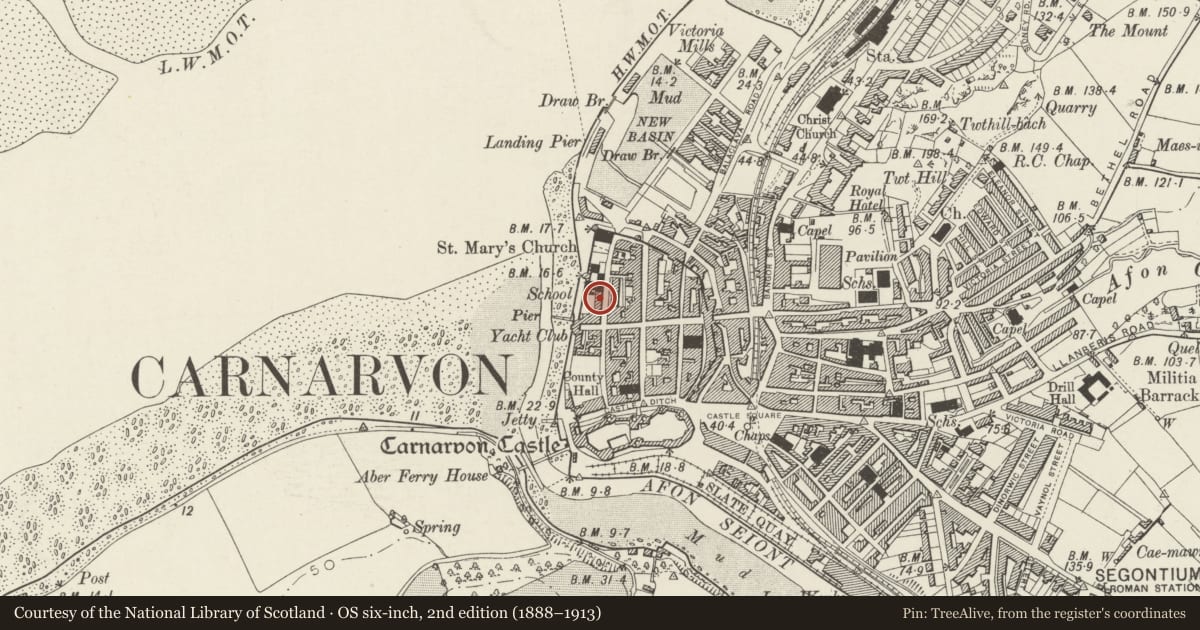 Ordnance Survey six-inch map, 2nd edition (1888–1913) covering the location of 7 Church Street, Caernarfon, Gwynedd, with a pin at the register's coordinates