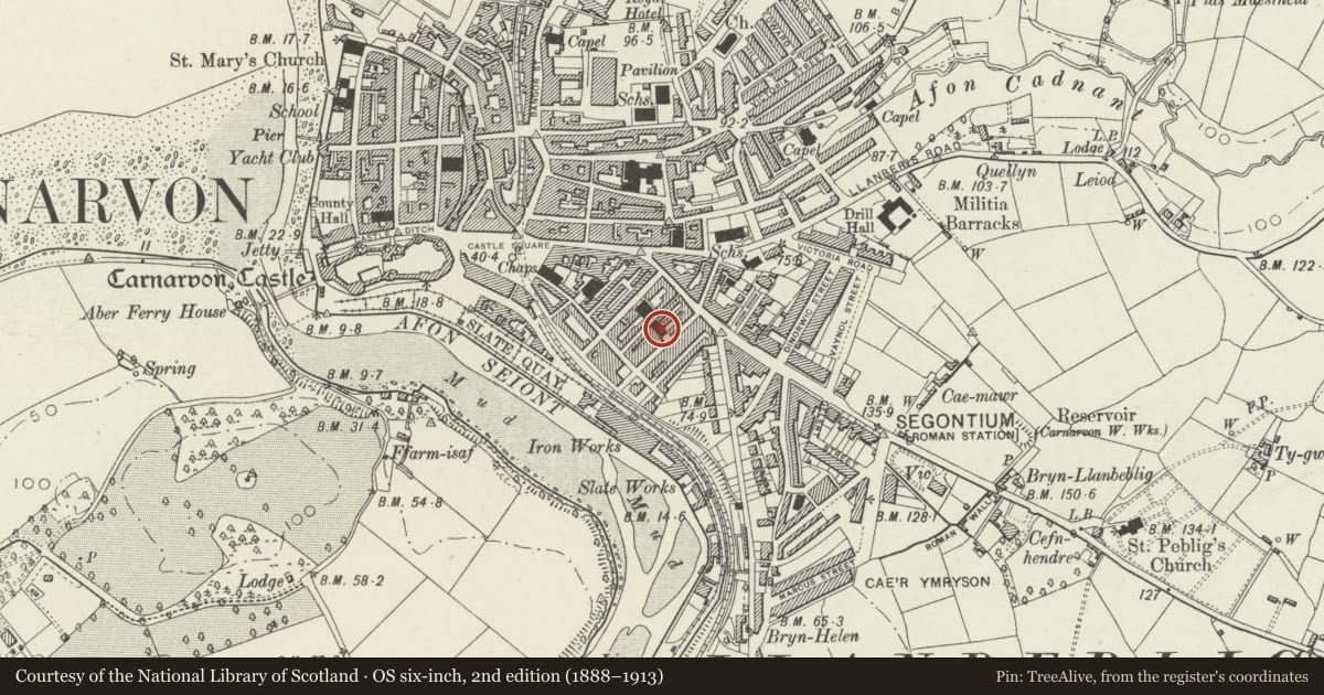 Ordnance Survey six-inch map, 2nd edition (1888–1913) covering the location of Capel Caersalem, Caernarfon, Gwynedd, with a pin at the register's coordinates