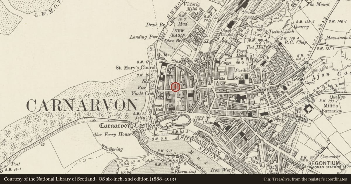 Ordnance Survey six-inch map, 2nd edition (1888–1913) covering the location of Caernarfon Royal Town Conservative Club, Gwynedd, with a pin at the register's coordinates