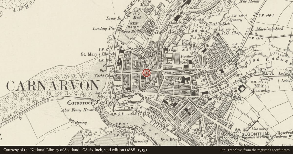 Ordnance Survey six-inch map, 2nd edition (1888–1913) covering the location of Windmill Florists (incorporating 2 Hole-in-the-Wall Street), Caernarfon, Gwynedd, with a pin at the register's coordinates