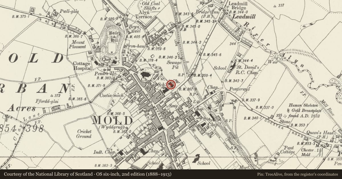 Ordnance Survey six-inch map, 2nd edition (1888–1913) covering the location of Church Hall, Mold, Flintshire, with a pin at the register's coordinates