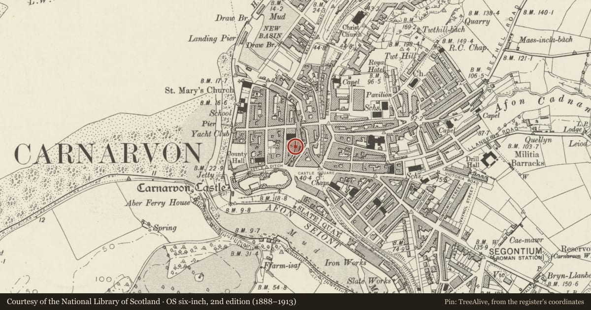 Ordnance Survey six-inch map, 2nd edition (1888–1913) covering the location of Bar Llewelyn, Caernarfon, Gwynedd, with a pin at the register's coordinates