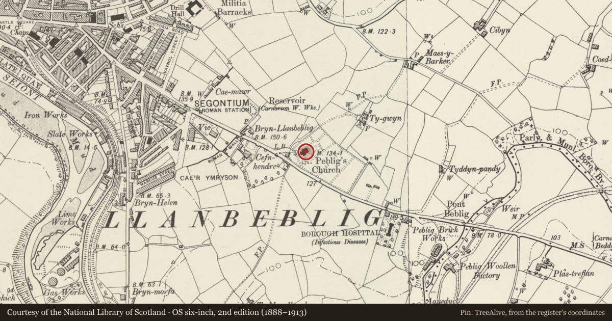 Ordnance Survey six-inch map, 2nd edition (1888–1913) covering the location of Church of St Peblig, Caernarfon, Gwynedd, with a pin at the register's coordinates