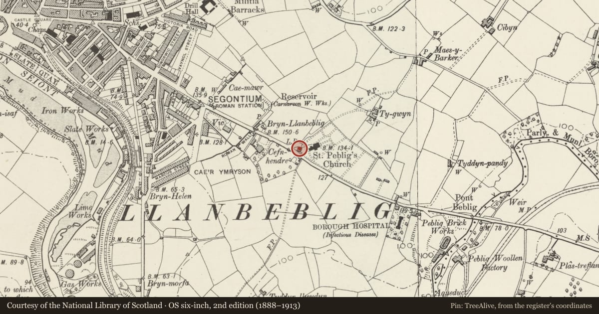 Ordnance Survey six-inch map, 2nd edition (1888–1913) covering the location of Church House, Caernarfon, Gwynedd, with a pin at the register's coordinates