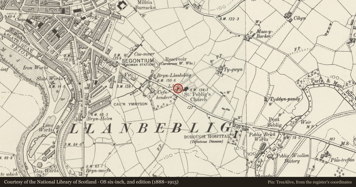 Ordnance Survey six-inch map, 2nd edition (1888–1913) covering the location of Gates, gate piers and railings at the NW entrance to the church of St Peblig, Caernarfon, Gwynedd, with a pin at the register's coordinates
