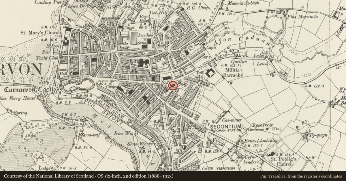 Ordnance Survey six-inch map, 2nd edition (1888–1913) covering the location of Church Hall, Caernarfon, Gwynedd, with a pin at the register's coordinates