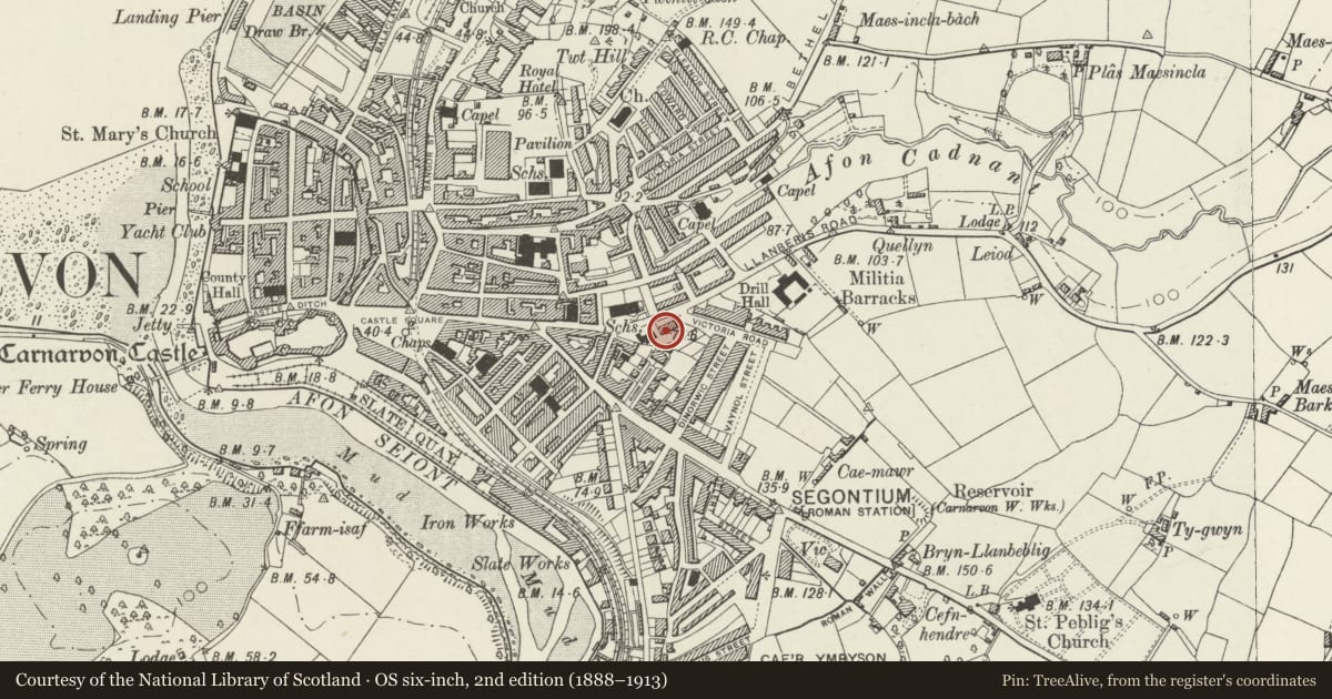 Ordnance Survey six-inch map, 2nd edition (1888–1913) covering the location of 2 Holywell Terrace, Caernarfon, Gwynedd, with a pin at the register's coordinates