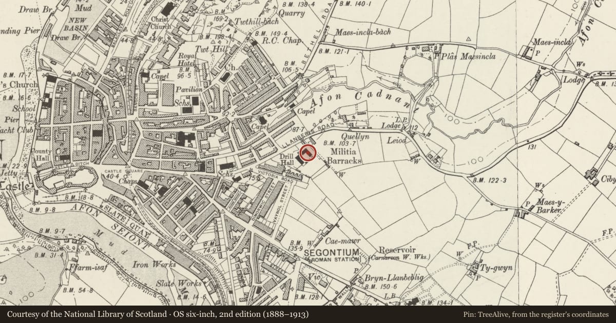 Ordnance Survey six-inch map, 2nd edition (1888–1913) covering the location of The Barracks, Caernarfon, Gwynedd, with a pin at the register's coordinates