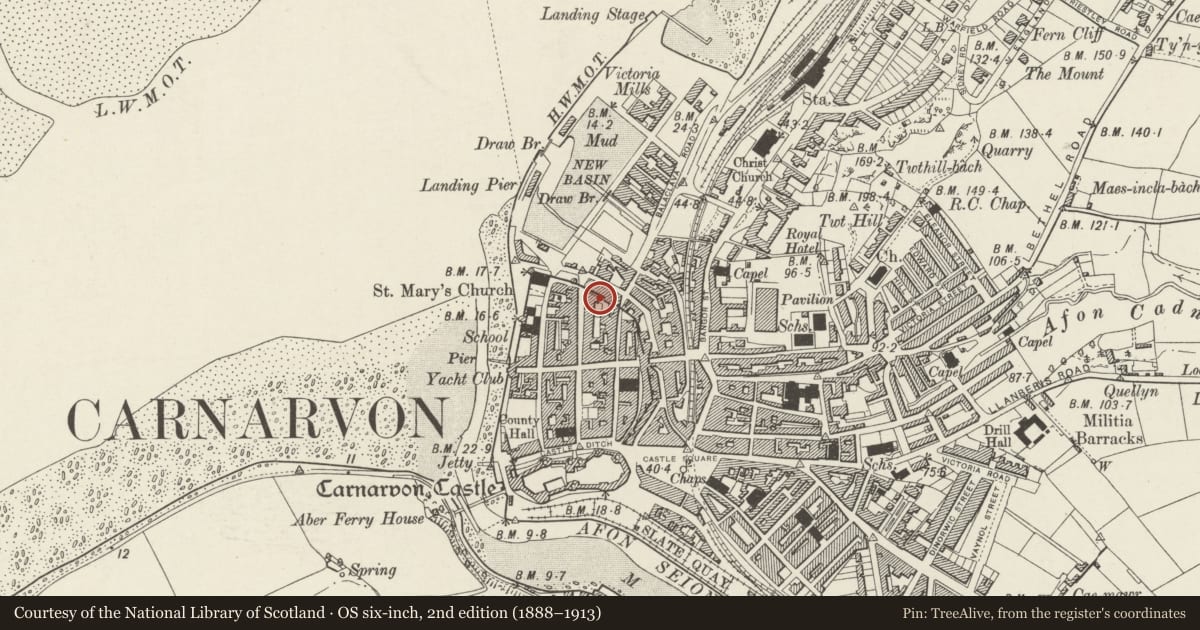 Ordnance Survey six-inch map, 2nd edition (1888–1913) covering the location of Tower House, Caernarfon, Gwynedd, with a pin at the register's coordinates