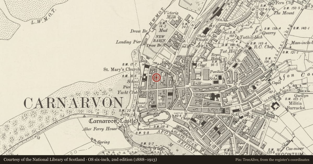 Ordnance Survey six-inch map, 2nd edition (1888–1913) covering the location of 13 Market Street, Caernarfon, Gwynedd, with a pin at the register's coordinates