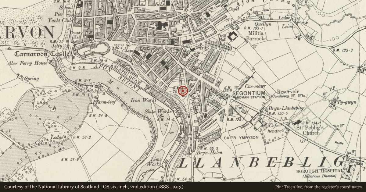 Ordnance Survey six-inch map, 2nd edition (1888–1913) covering the location of Coed y Glyn, Caernarfon, Gwynedd, with a pin at the register's coordinates