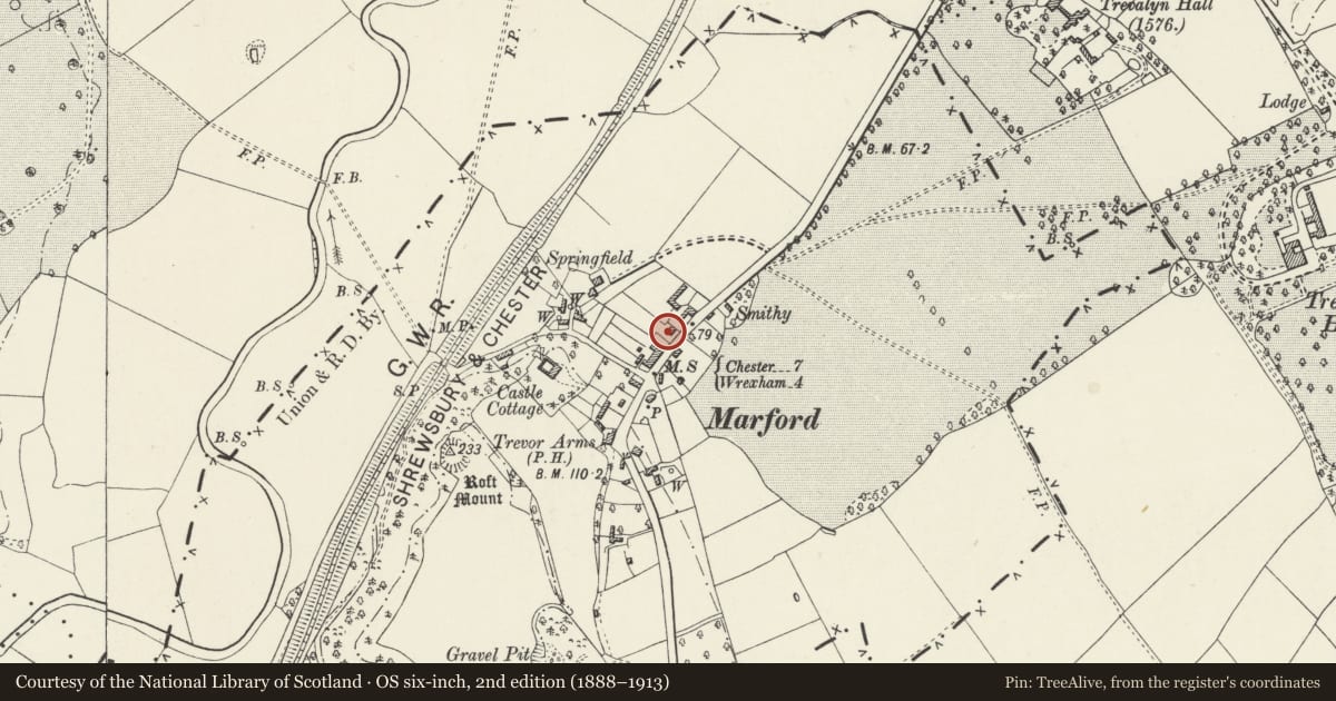 Ordnance Survey six-inch map, 2nd edition (1888–1913) covering the location of Springfield Farmhouse, Gresford, Wrexham, with a pin at the register's coordinates