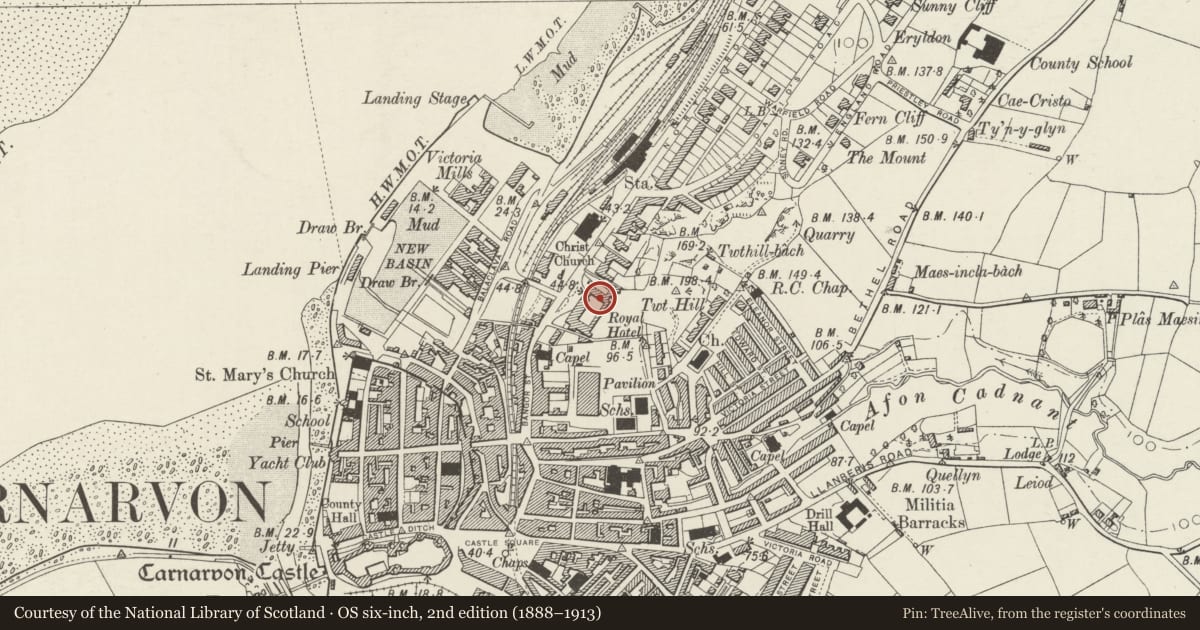 Ordnance Survey six-inch map, 2nd edition (1888–1913) covering the location of Celtic Royal Hotel, Caernarfon, Gwynedd, with a pin at the register's coordinates