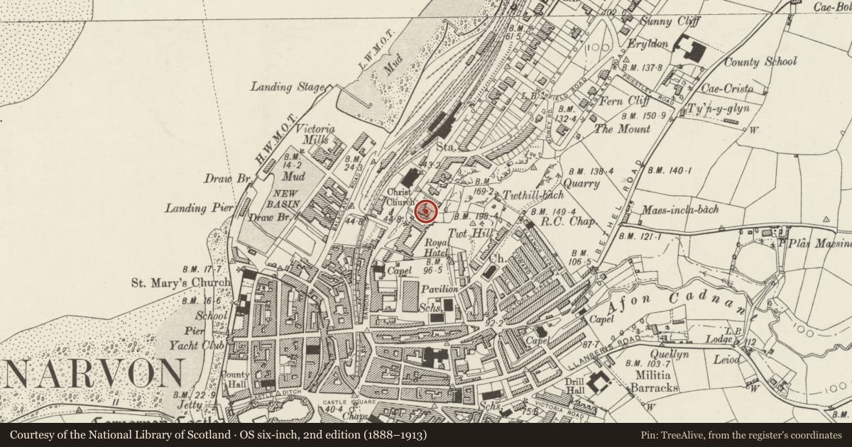 Ordnance Survey six-inch map, 2nd edition (1888–1913) covering the location of Marbryn, Caernarfon, Gwynedd, with a pin at the register's coordinates